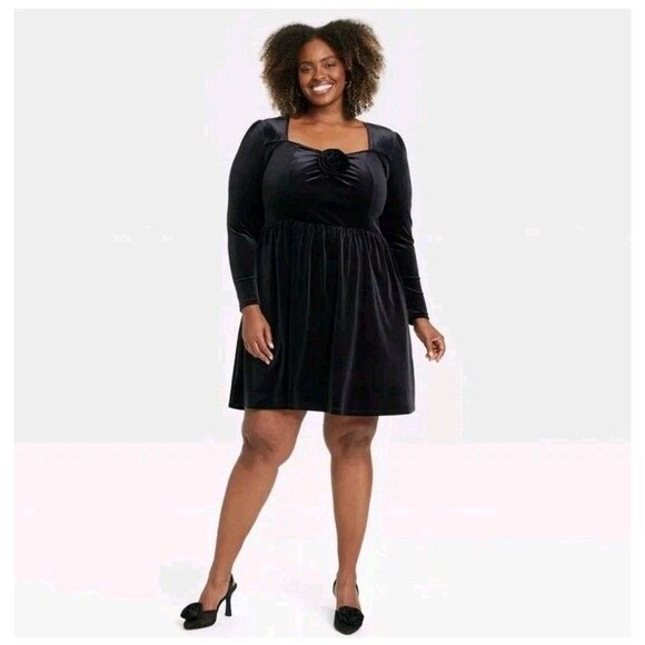 Ava & Viv NWT Holiday Long Sleeve Rosette Midi A Line Dress Black Size XXL - Picture 1 of 7